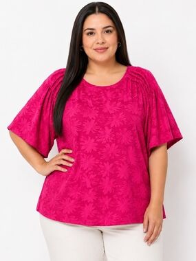 Fair Haven Hot Pink Floral Textured Blouse Size 3XL Flowy Boho Top.